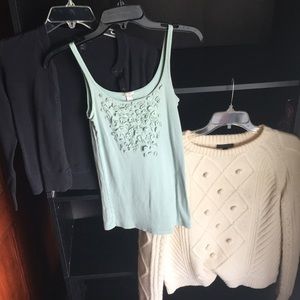 J. Crew sweater, tank top, and cardigan—S and XS